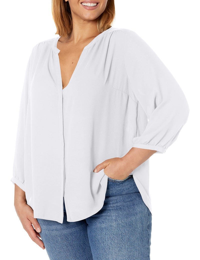 NYDJ Women's Plus Size Three-Quarter Sleeve Pintuck Blouse | Classic Lightweight Top, Optic White, 1X - Image 1